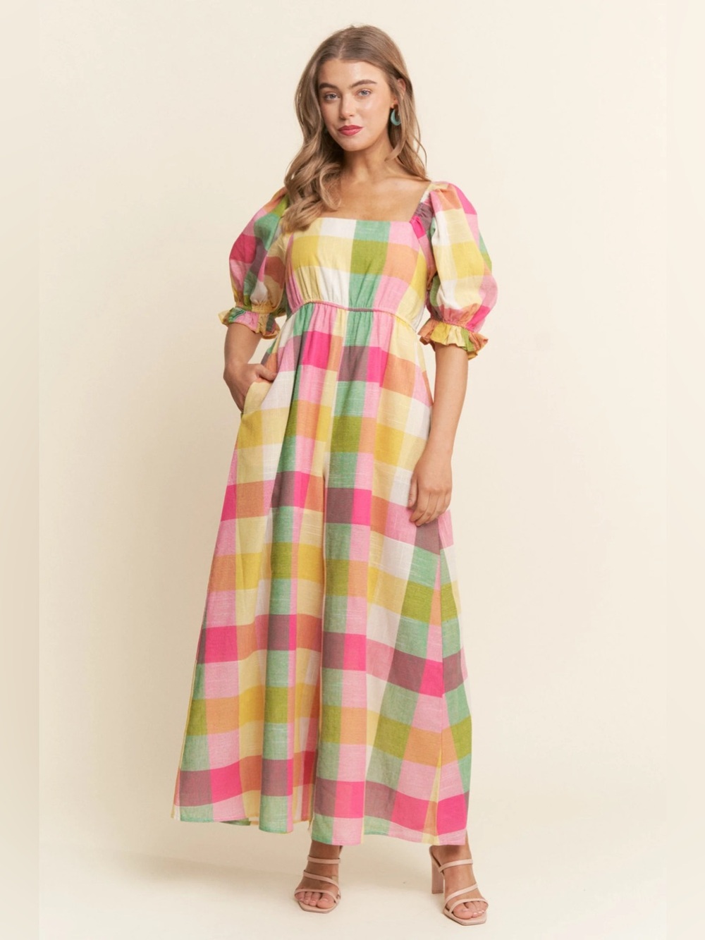 Plaid Puff-Sleeve Maxi Dress in Pink, Yellow & Green